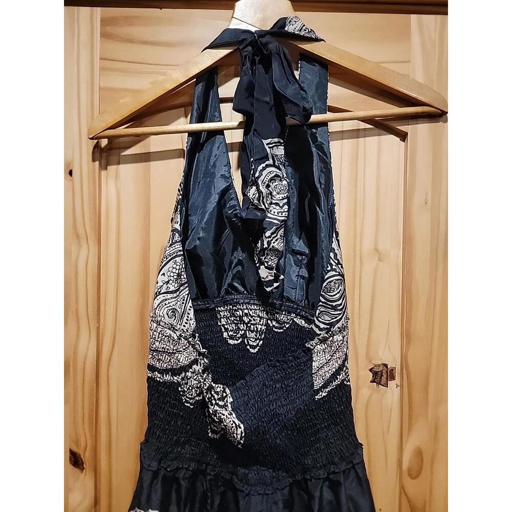 BCBG Maxazria Black Silk Halter Dress Small Black Paisley Babydoll Y2K Whimsigot